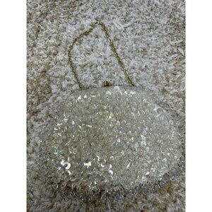 Vintage WALBORG Hand Beaded White Jeweled Evening Bag Small Clutch Purse